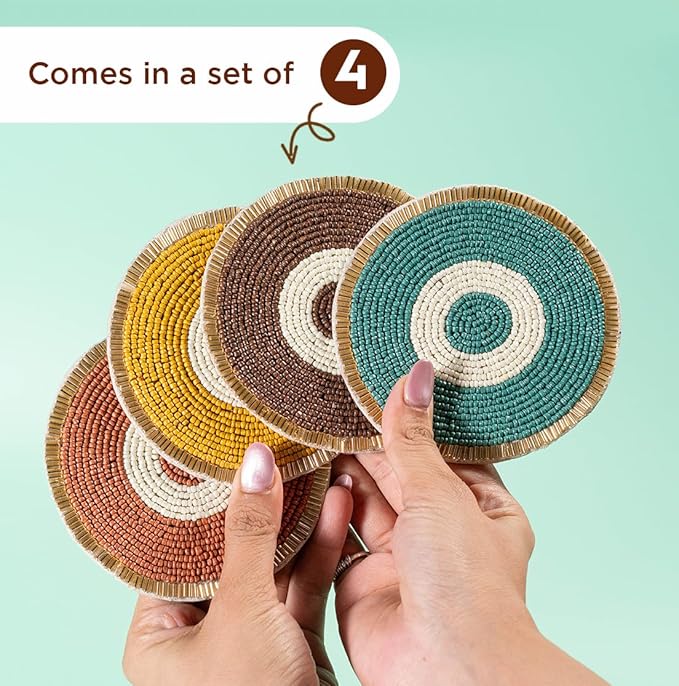 Folkulture Fall Beaded Coasters for Drinks | Set of 4 (4") Round Decorative Bar Coasters for Table Décorations | Cute Boho Coaster Set for Cocktail | Modern Coaster for Coffee Table | Evil Eye Decor