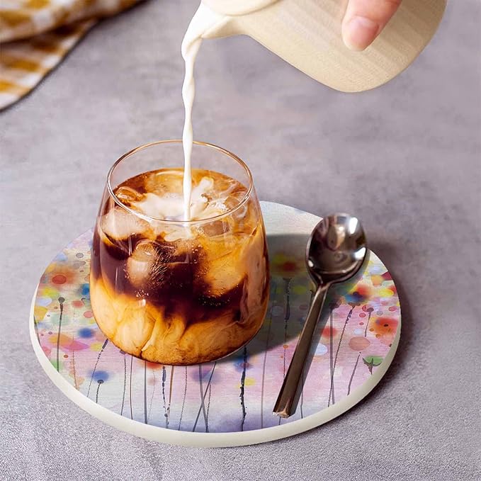 Watercolor Floral Coasters for Drinks Office Coffee Table Spring Flowers Soft Color Purple Pink Poppy Bloom Living Room Decor Set of 2 for Cold Drinks Wine Mugs and Cups 4 Inch