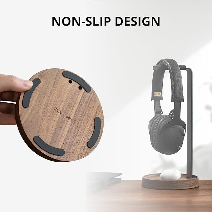 muso wood Walnut Headphone Stand, Universal Headset Stand with Storage Base, Wood Desktop Headphone Holder for Gaming Headset and Music Headset