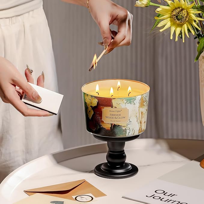 HomeLights 4-Wick Candles for Home Scented - 18oz Soy Wax Blend Candle Long-Lasting Fragrance, Industrial Chic Home Decor and Housewarming Gifts, Fireside Wood & Glow