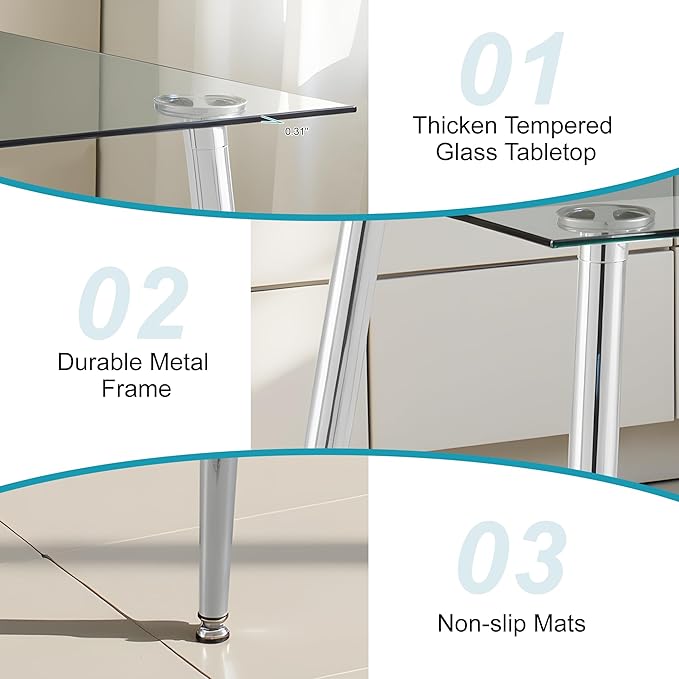 Dining Table for 6 Rectangular 47.2" Modern Glass Dining Table Kitchen & Dining Room Tables with Glass Tabletop and Metal Legs for Dining Room, Clear