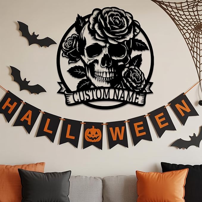 Personalized Skull and Rose Metal Sign, Custom Name Gothic Rose Decor for Garage, Man Cave, Motorcycle Club, Halloween Party, Custom Halloween Metal Wall Art, Spooky Skeleton Home Decor