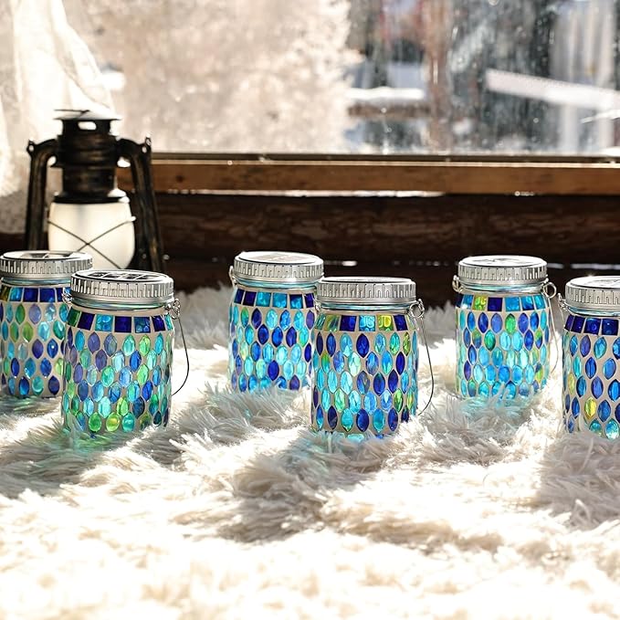 Cooo 4 Pack Mosaic Lanterns Outdoor Waterproof with 215% Larger Solar Panel, Never Rust Lids, True Capacity Battery- Solar Mason Mosaics Jar Lantern for Patio Garden Yard Balcony Hanging or Table