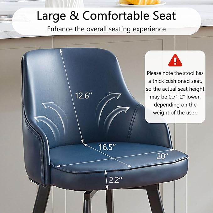 Bar Stools Set of 3, 26" Swivel Counter Height Bar stools with High Back, Faux Leather Kitchen Barstools Counter Height for Kitchen Island (Navy Blue, 3PCS 26" Counter Stools)