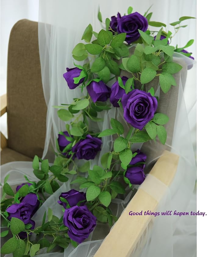 Felice Arts 2 Pack Dark Purple Artificial Floral Garland Each 6.5FT Fake Rose Vine Hanging Rose Garland for Wedding Flowers Table Centerpiece Arrangement Room Baby Shower Teepee Mirror Decor