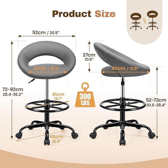 Drafting Chair for Standing Desk, Height Adjustable Rolling Stool with Backrest & Footrest, Tall 360° Swivel PU Leather Stool Chair with Wheels for Office, Gray