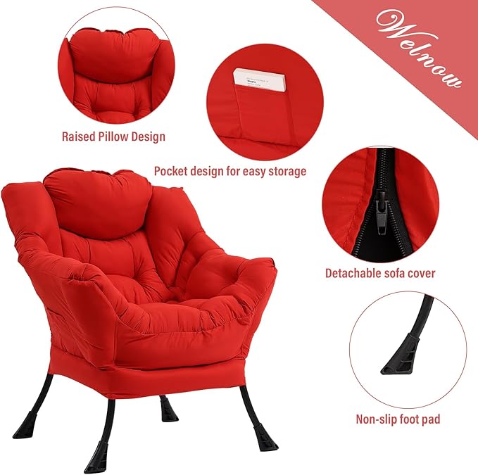 Welnow Lazy Chair with Ottoman, Modern Lounge Accent Chair with Armrests and a Side Pocket, Leisure Sofa Armchair Set, Reading Armchair with Footrest for Small Space, Red