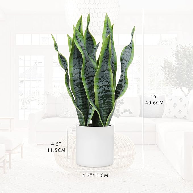 Briful Fake Snake Plant 16" Faux Potted Plant Artificial Snake Plant with White Ceramic Pot Sansevieria Plant Perfect for House Modern Living Room Office Housewarming Gift Indoor Decor
