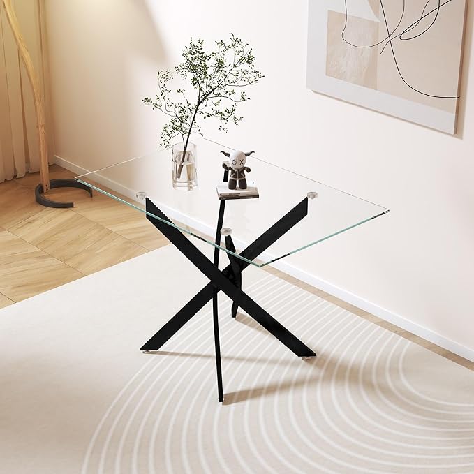 Tempered Glass Dining Table 48 Inch Mordern Rectangular Kitchen Table with Black Metal Legs for Dining Room Kitchen
