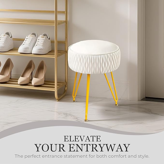 Velvet Vanity Stool Footrests, Round Ottoman Vanity Chairs with Anti-Slip Feet, Dressing Table Seat Foot Stool with Black Legs, Furry Padded Seat Side Table for Makeup Bedroom(White, Golden)