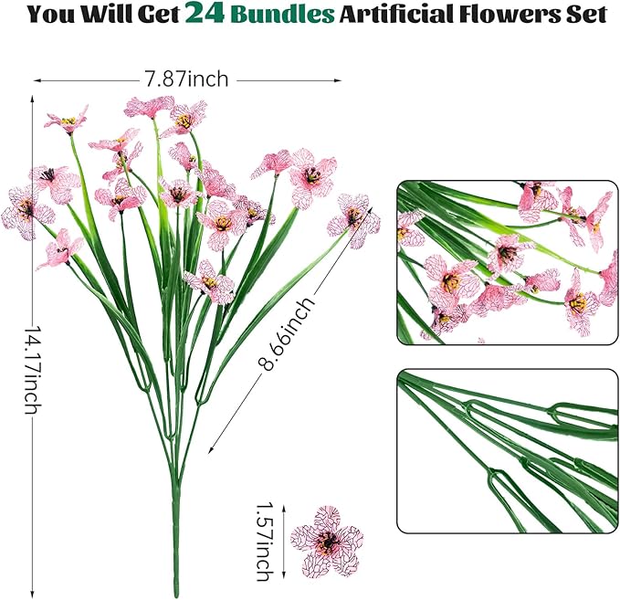 Lnoicy 24 Pcs Artificial Flowers for Outdoor,Plastic Flowers Decoration, UV Resistant Faux Flowers Shrubs, Artificial Plants for Indoor Outside Garden Home Wedding Farmhouse(Pink)