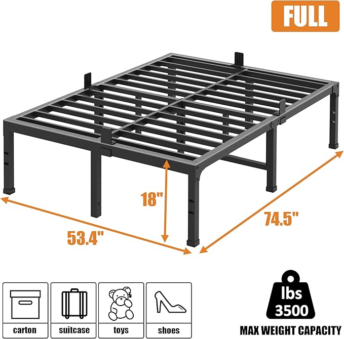 FUIOBYVV Full Size Bed Frame 18 inch Heavy Duty Metal Platform Bed Frame Full Support Up to 3500 lbs,No Box Spring Needed/No Shaking/Steel Slat Support/Noise Free/Easy Assembly