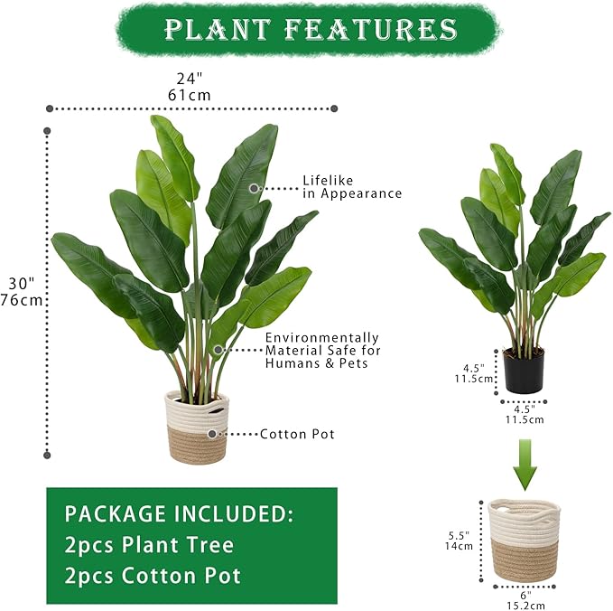 Hollyone 2pcs Large Artificial Bird of Paradise Plant in Pot, 30" Fake Palm Tropical Ferns Potted Plants, 2.6ft Faux Plantain Banana Leaf Plant for Indoor Outdoor Home Garden Decoration