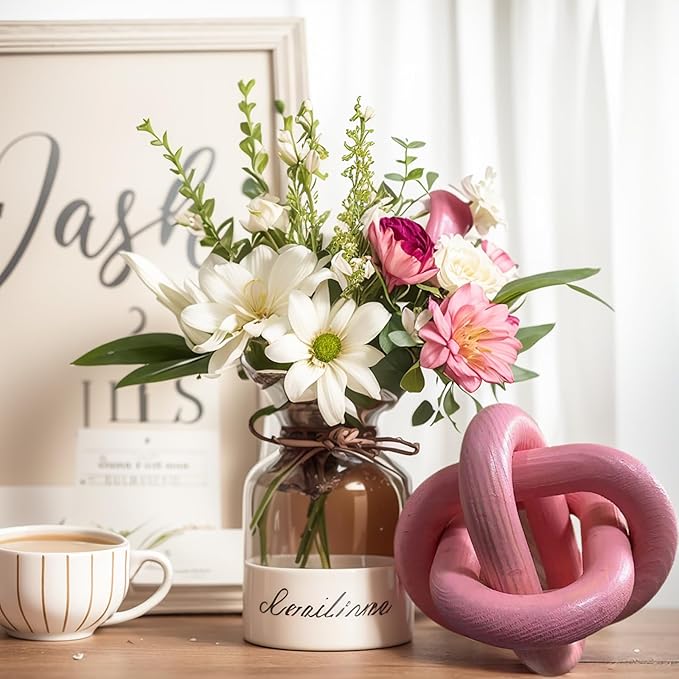 Wood Knot Decor -Coffee Table Decor Shelf Decor Table Books Hand Carved Home Decoration Boho Country Rustic Modern Shabby Chic Style Decor 3 Link Wooden Knot Chain Link Decor (Pink)