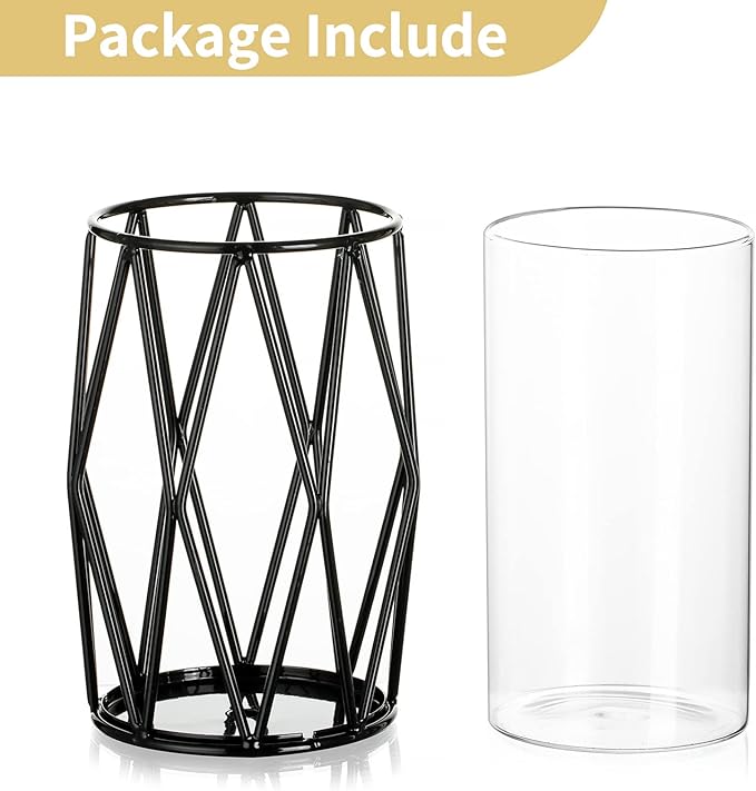 Nuptio Black Pillar Candle Holders - Glass Candles Holder with Geometric Metal Rack Stand for Wedding Birthday Party Centerpieces - Flower Vase Small Hurricane Vases for Office Living Room