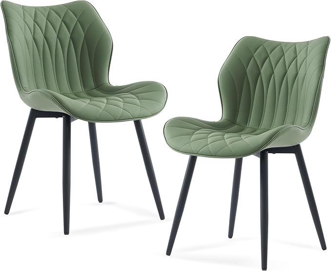Kidol & Shellder Dining Chairs Set of 2 Green Modern Kitchen Chairs with Back Armless Accent Chairs for Living Room Upholstered Faux Leather Chair Mid Century Comfy Side Chair with Metal Legs