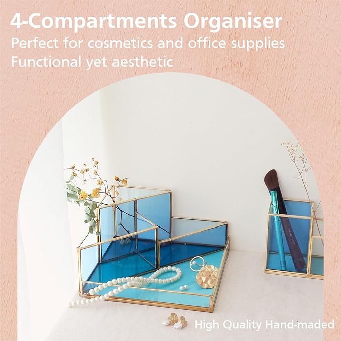 Gold & Blue Glass Desk Organizer - Elegant Office Decor, Aesthetic Makeup Brush Holder & Skincare Organizer, 4-Compartment Pen Holder, Pencil Cup, Vanity & Cosmetic Storage, Desk Accessories for Women