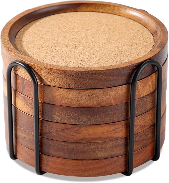 Wood Cork Coasters for Drinks Absorbent with Holder, Large Wooden Coaster for Coffee Table, Cork Coaster for Wooden Table Decor New Home Gifts Mom's Day - Rustic 4.72Inch