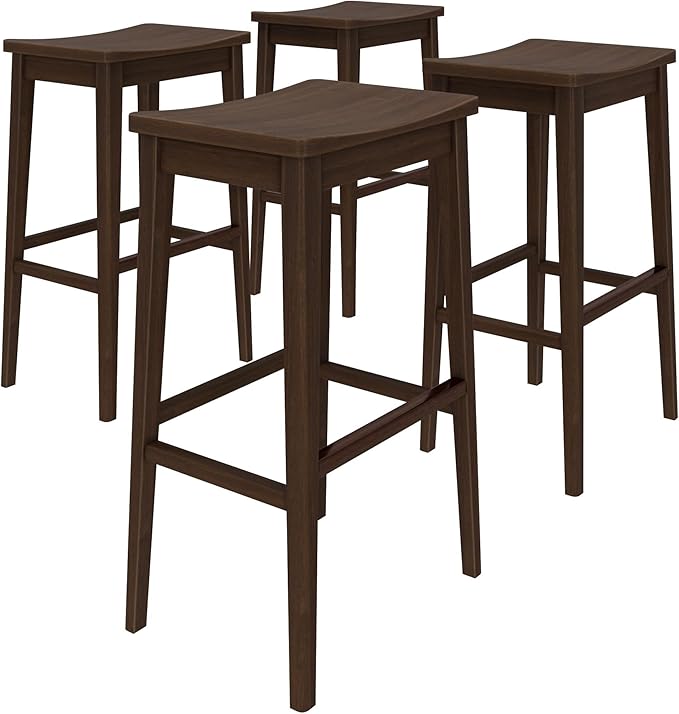 Plank+Beam Smythe Bar Stool, 30", Set of 4, Sturdy Wood Modern Kitchen Bar Height Stool, Saddle Seat Backless Bar Chair, Metal Footrest, Walnut