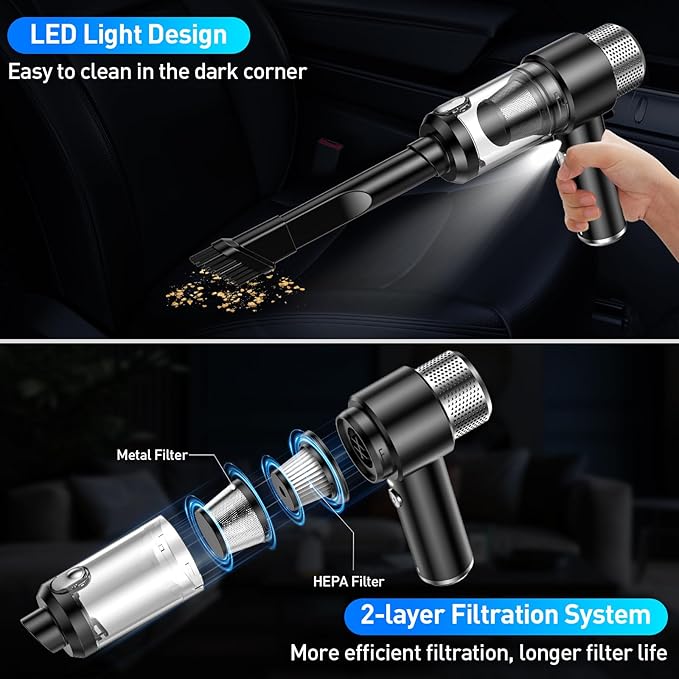Mini Vacuum Cleaner, 16000PA Car Vacuum Cleaner Portable Cordless with LED Light, 4 in 1 Air Duster and Handheld Small Vacuum Rechargeable for Car, Home, Office, Pet（Black）