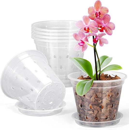 Orchid Pot, 6 Pack 6 Inch Clear Orchid Pots with Holes and Saucers for Repotting, Breathable Slotted Plastic Orchid Planters with Drainage for Root Health Indoor Outdoor (6 Inch)