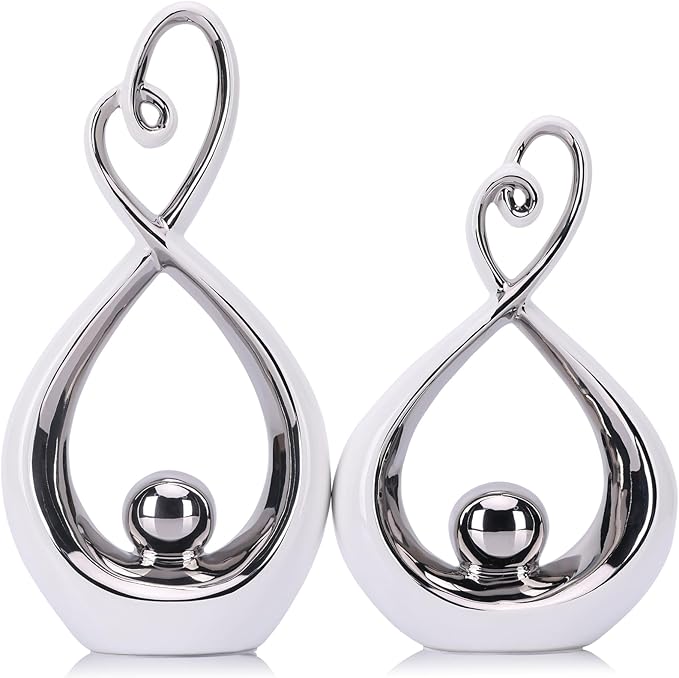 Silver Decor Accent, Porcelain Art Mid Century Modern Silver and Gold Decorations, Dining Table Objects, Abstract Ceramic Statue Sculpture - for Bookshelf Tv Stand Centerpiece Centro De Mesa