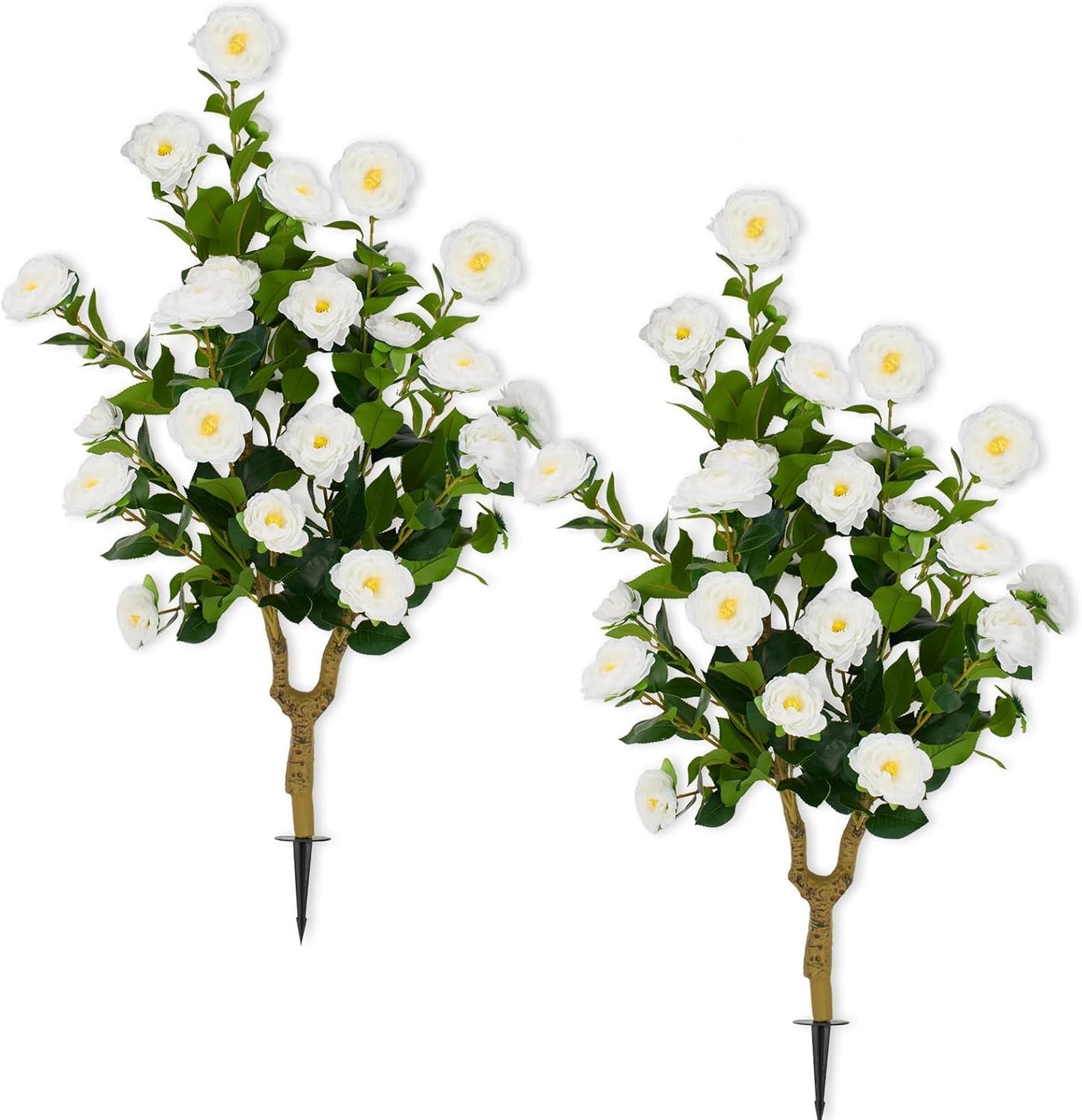 Romantic Season 2Pack 36" Artificial Camellia Tree with Ground Spike - White Faux UV Resistant Blooming Bush, Lifelike Camellia Flowers for Indoor Outdoor Decor, Perfect for Wedding