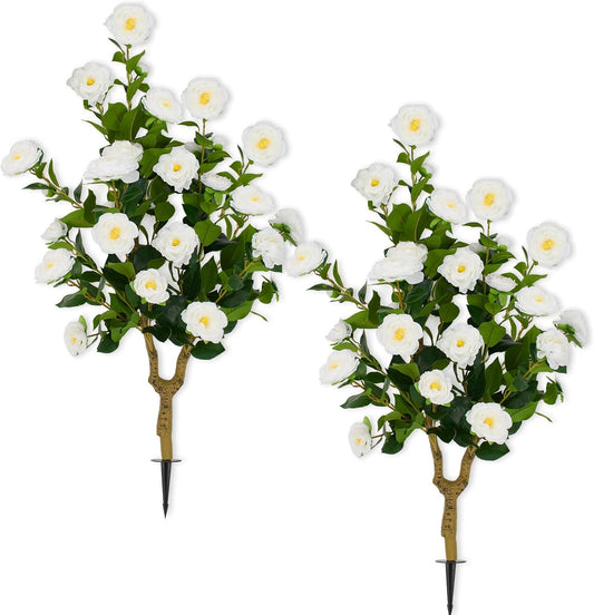 Romantic Season 2Pack 36" Artificial Camellia Tree with Ground Spike - White Faux UV Resistant Blooming Bush, Lifelike Camellia Flowers for Indoor Outdoor Decor, Perfect for Wedding