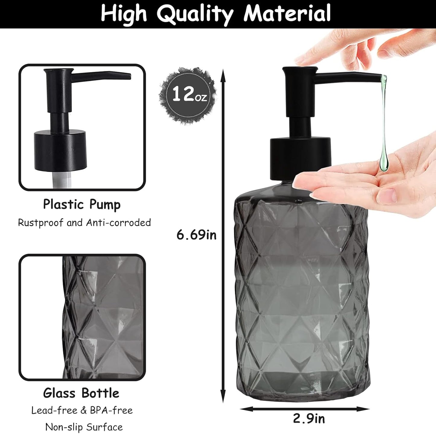 Glass Soap Dispenser with Black Plastic Pump, 12oz Refillable Liquid Hand Soap Dispenser, 2 Pack Crystal Lotion Bottle for Modern Home Decor, Bathroom, Kitchen Countertop, Hotel