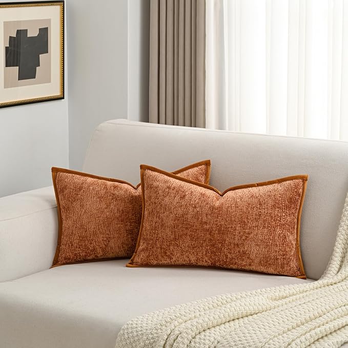 FUTEI Rust Chenille Throw Pillow Covers 12x20 Inch Set of 2,Soft Cozy Bound Edge Design Lumbar Pillow Cases,Home Decor for Couch Bed Living Room