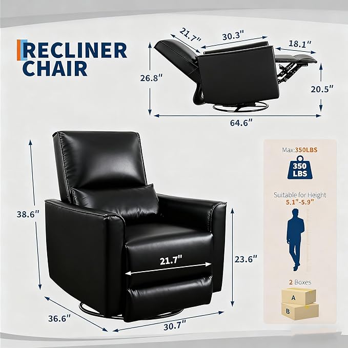 GarveeHome Recliner Chair, 360° Swivel Rocker Glider Nursery Chair with Padded Armrest and Deep Seat, PU Leather Upholstered Reclining Sofa Chair for Living Room, Bedroom and Nursery (Charcoal)