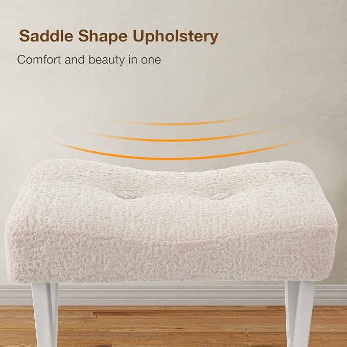 18-Inch Vanity Stool Chair, Vanity Bench with Metal X-Legs, Ottoman Accent Stool with Breathable and Soft Boucle Fabric Saddle Seat, Beige