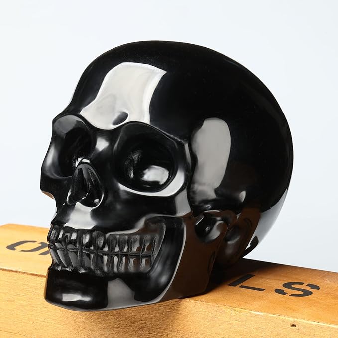 5''Natural Black Obsidian Crystal Skull Head Hand Carved Reiki Healing Stone Statue Healing Home Office Art Room Decoration