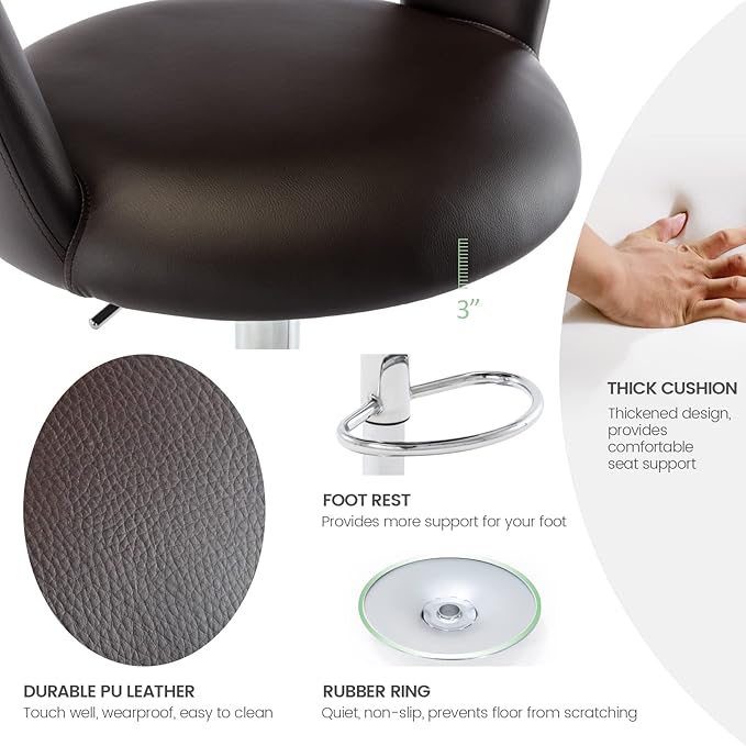 Brage Living Wide Bar Stool, Modern PU Leather Swivel Adjustable Barstool with Hollow Back and Arms, Upholstered Airlift Counter Height Bar Chair for Kitchen Dining (Dark Brown)