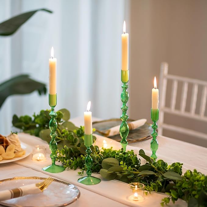 Glasseam Green Glass Candle Holder: Tapered Candlestick Holders Set of 4 Modern Candle Stick Holders for Taper Candlesticks Tall Decorative Candle Holders for Centerpiece Dining Table Christmas Party