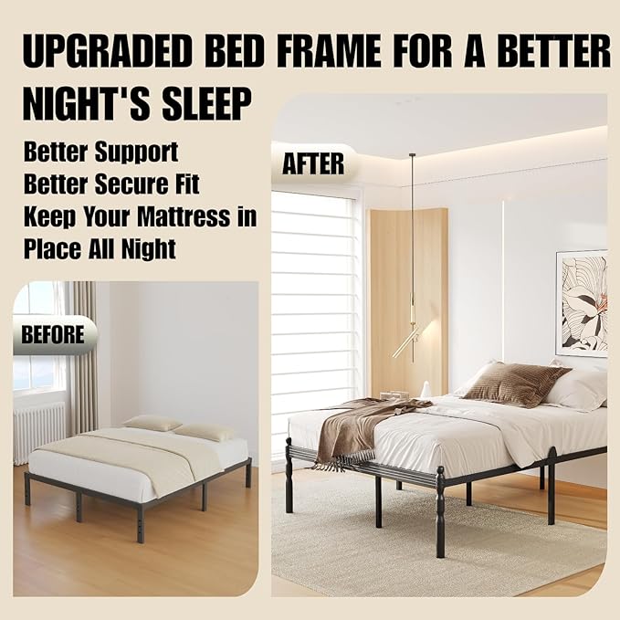 18 Inch Queen Metal Bed Frame with Mattress Slide Stopper, Queen Size Platform Bed Frames No Box Spring Needed, Heavy Duty Bedframe, Easy Assembly, Noise Free