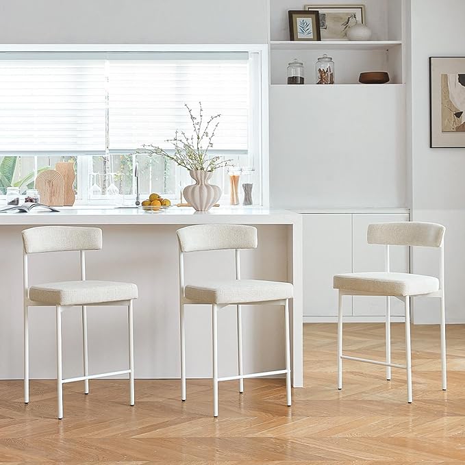 Beige Modern Bar Stools Set of 3, 24 Inch Counter Stools with Curved Backrest, Counter Height Bar Stools for Kitchen Island