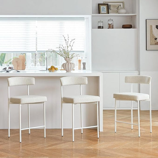 Beige Modern Bar Stools Set of 3, 24 Inch Counter Stools with Curved Backrest, Counter Height Bar Stools for Kitchen Island
