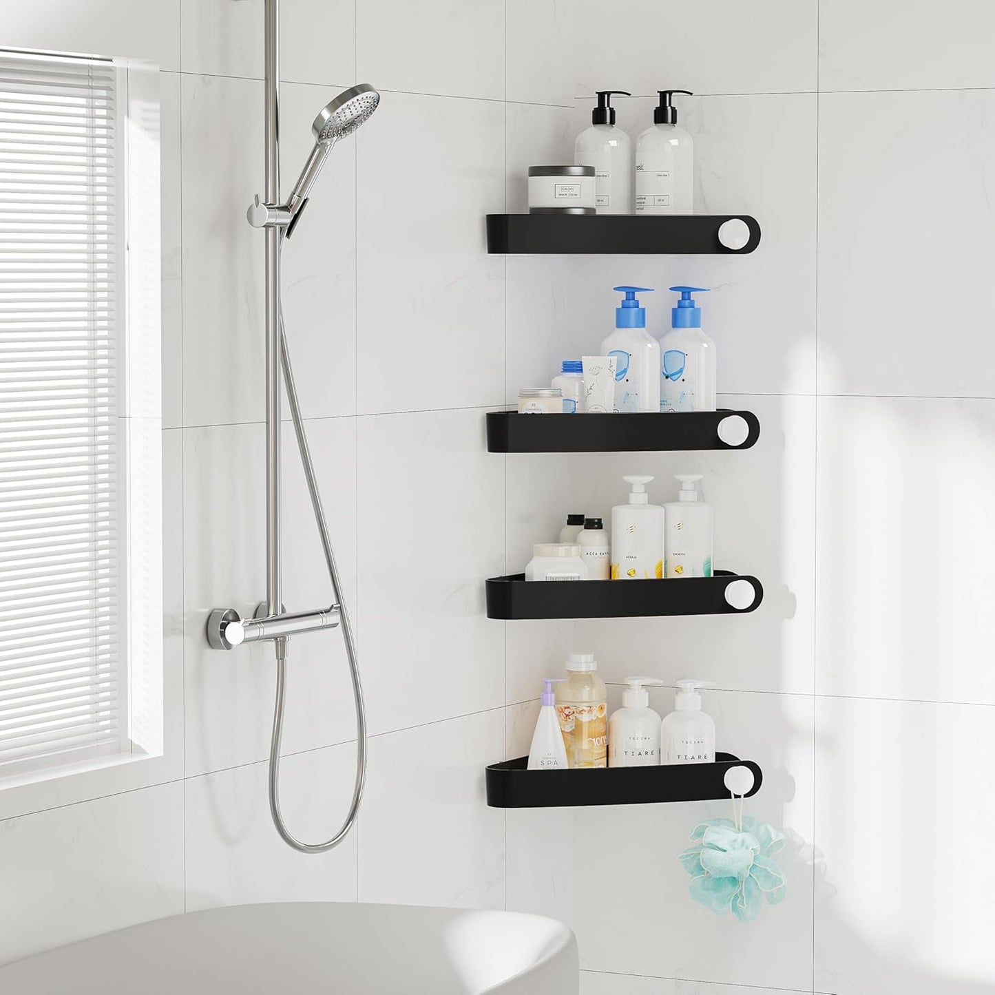 Sotfamily Shower Caddy Corner, 4 Pack Adhesive Corner Shower Shelves for Bathroom Organizers and Storage, Rust Free Plastic Rack for Bathroom Accessories & Decor, Black