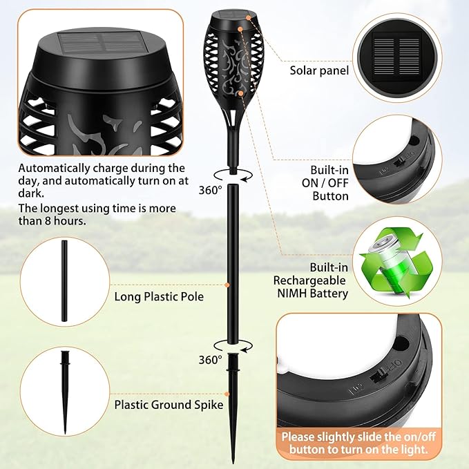 Solar Lights Outdoor, 4 Pack Solar Torch Light with Flickering Flame, Waterproof Outdoor Garden Lights for Yard, Tiki Torches for Outside Patio Pathway Decorations