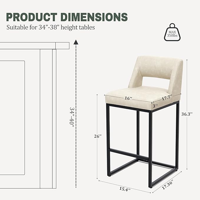 Counter Height Bar Stools Set of 2 for Kitchen Counter Modern Bar Chairs with Backs for Kitchen Island with Upholstered Faux Leather Seat and Metal Frame, Beige, 26 Inch