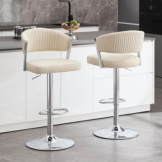 Bar Stools Set of 2, Adjustable Swivel Counter Height Bar Stools with Back and Footrest, PU Leather Bar Chairs for Kitchen Dining Room, White