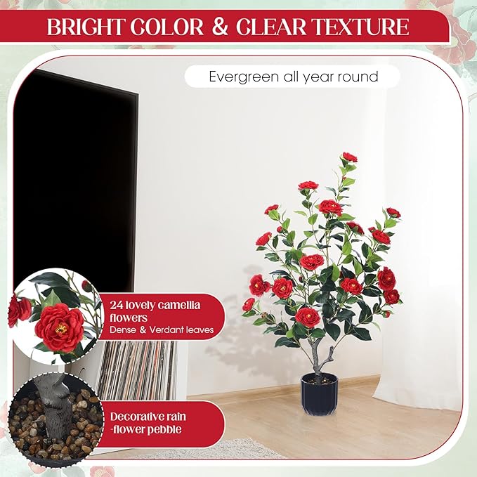Jexine 2 Pack 36" Artificial Tree with Camellia, Fake Tree with 24 Blooming Flowers, Flower Plants Tree Faux Floral Plant Tree in Cement Pot for Indoor Outdoor Office Home Porch Decor (Red, 36")