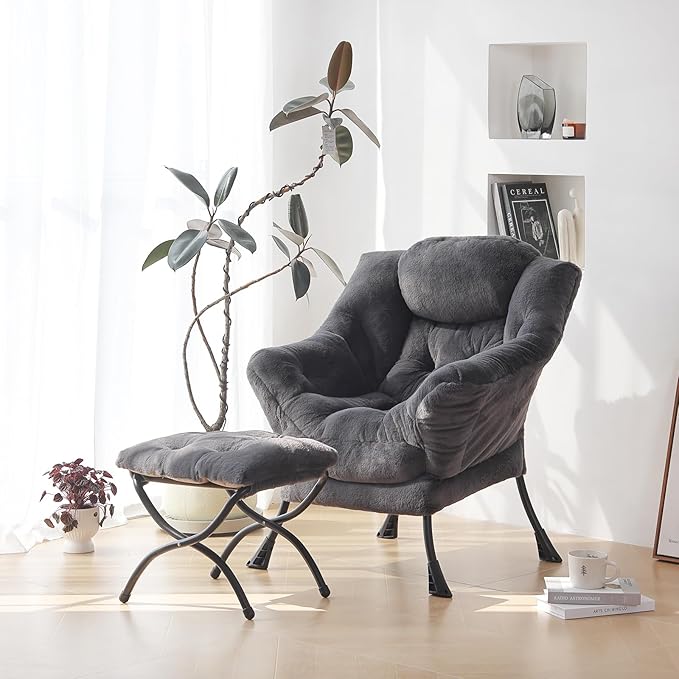 Plush Lazy Chair and Ottoman, Large Contemporary Accent Lounge Chair with Armrests and a Side Pocket, Modern Leisure Upholstered Sofa Reading Armchair with Footrest for Bedroom, Living Room