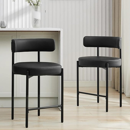 24'' Faux Leather Bar Stools Set of 2, Counter Height Bar Stools for Kitchen Island Backs, Upholstered Counter Chairs for Kitchen Counter (Vegan Leather,Black)