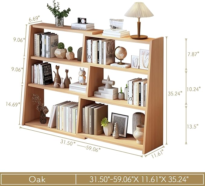 IOTXY Wooden Extendable Shelf Bookcase - 3-Tier Ladder Low Short Bookshelf for Small Space or Corner, Oak, L