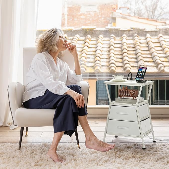 Nightstand with Charging Station, Side Tables for Bedroom with Built-in USB Side Table with 2 USB Ports and Outlets Nightstand with Cloth Drawer End Tables Living Room Sofa Couch