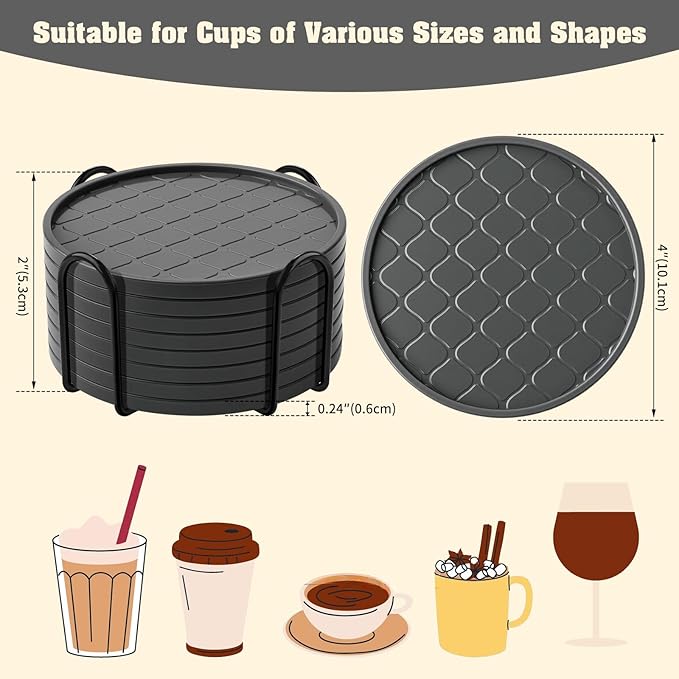 Coasters Set of 8,Hot or Cold Drink Coasters with Holder,Modern Style Coffee Table Coaster,Suitable for Kinds Cups Beer,Drink,Anti-Overflow Tabletop Protection(Gray, 8pcs)