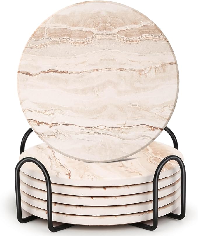 Acejoz Drink Coasters Set of 6, Absorbent Coaster for Coffee Table Decor, Marble Style Ceramic Coaster for Home Decor, 4 Inches