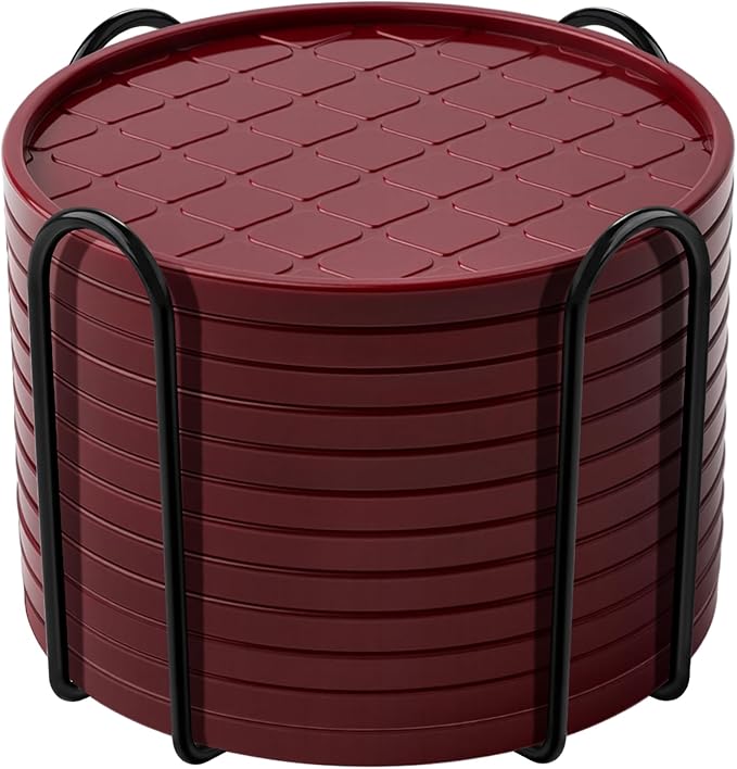 Coasters,Drink Coasters Set of 8 with Holder (Wine red, 12pcs)